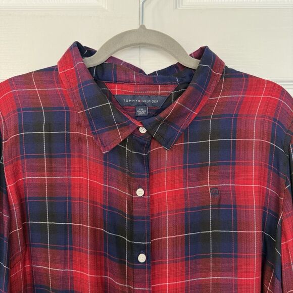 Tommy Hilfiger Red/Blue Plaid Button Down Shirt Roll Tab Sleeves Women’s Sz XXL - Picture 2 of 6